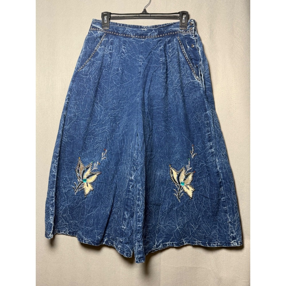 Vintage Pret Denim Culottes Embroidered Floral Beaded Wide Leg Shorts M